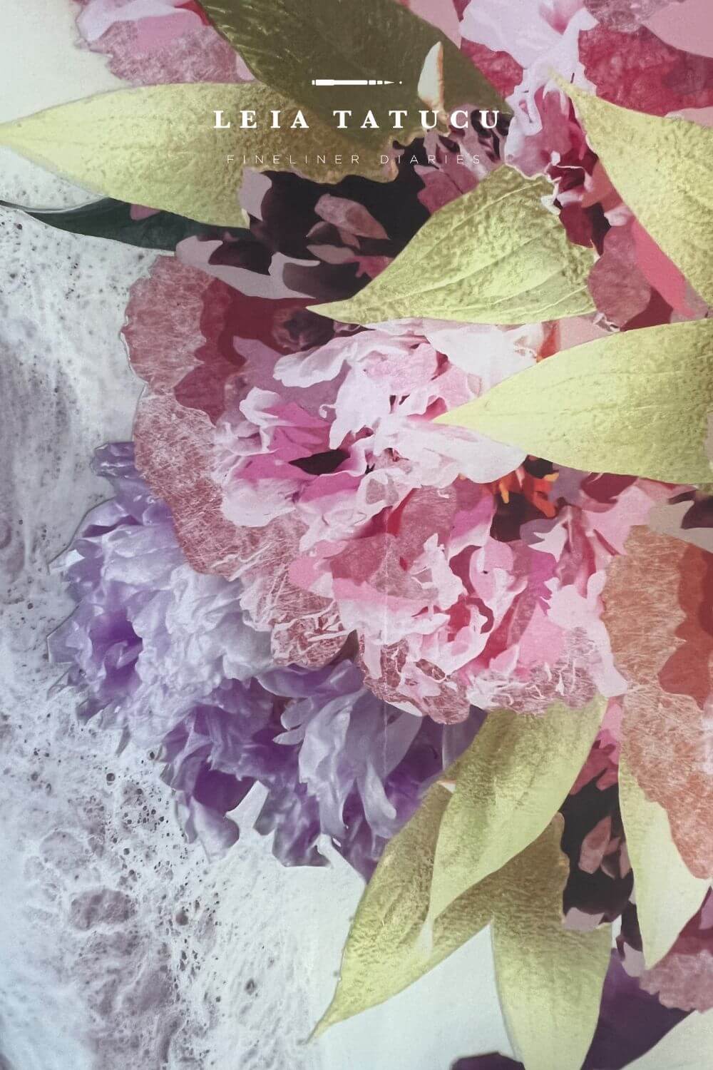 Floral design with pink, purple, and gold colors on a textured background, a detail shot of the Golden Leaf Peonies artwork.