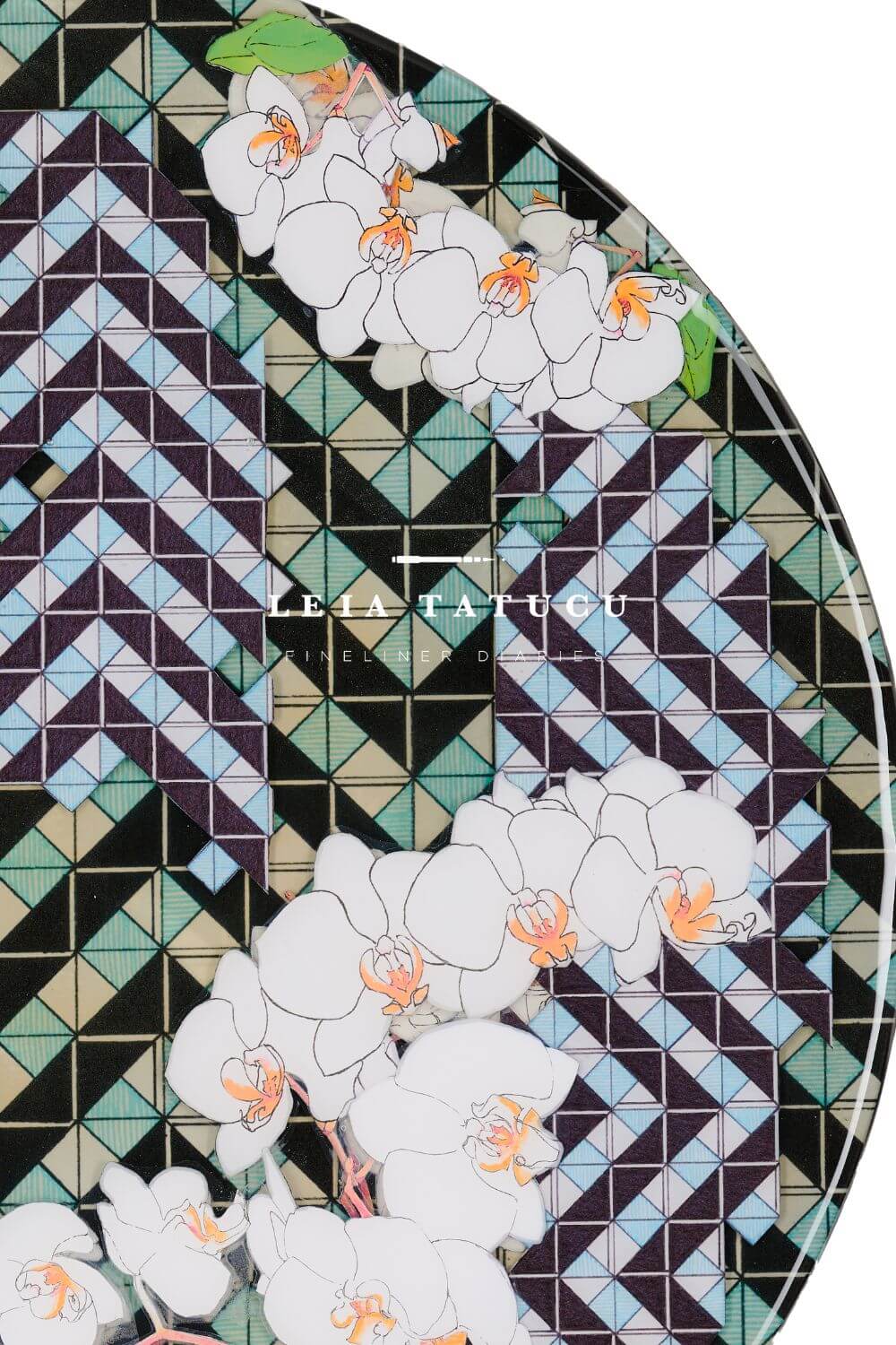 Detail shot of resin mixed media artwork by Leia Tatucu with geometric pattern and white orchid flowers