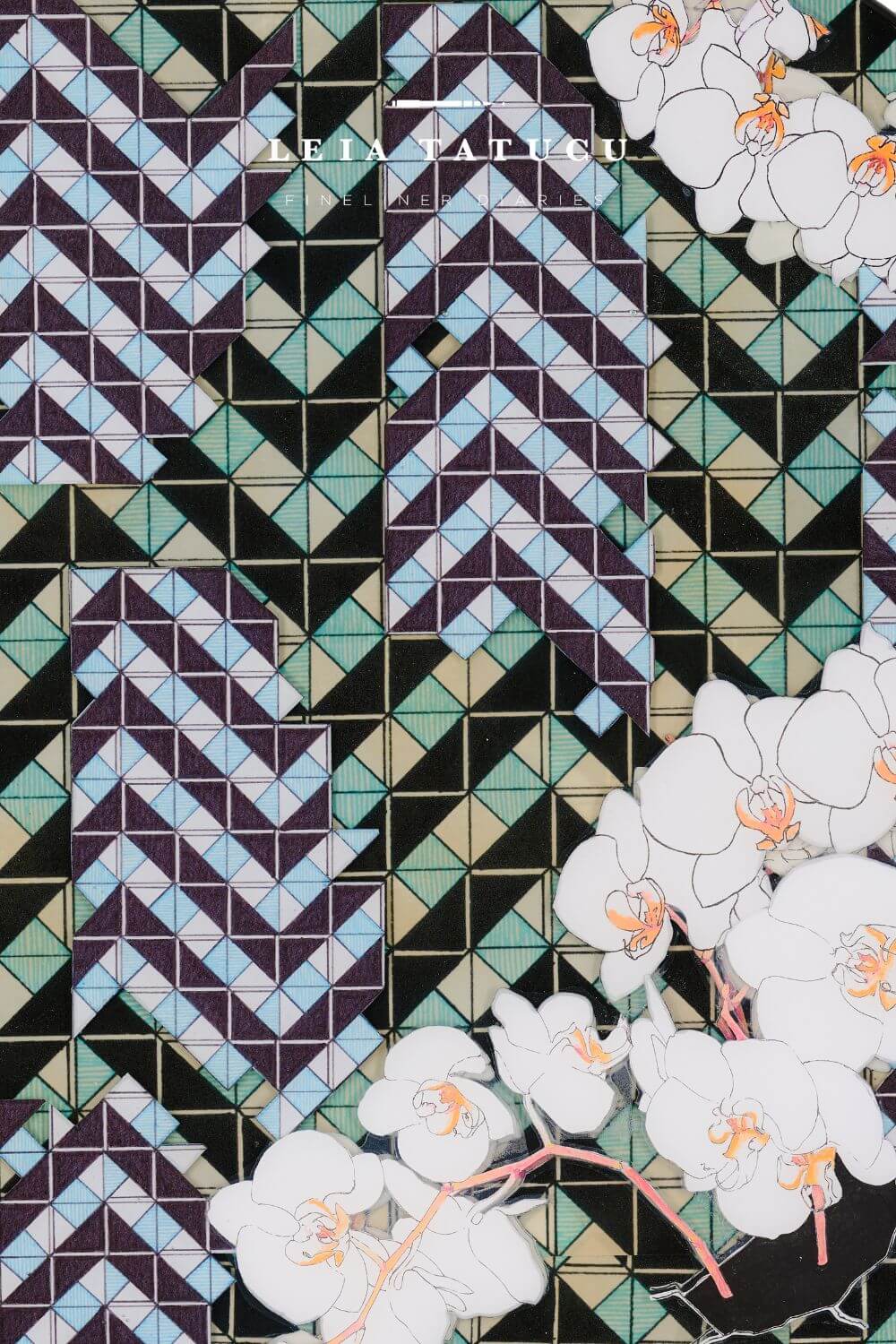 Geometric pattern background and white orchid flowers - detail shot of the Breaking Patterns II resin mixed media artwork by Leia Tatucu