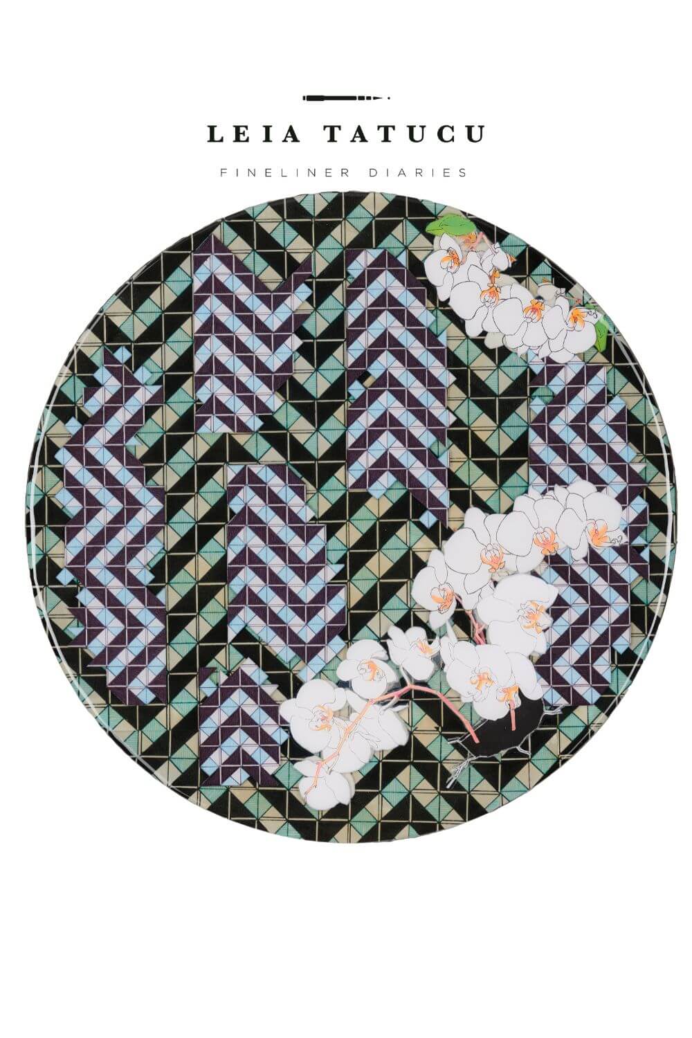 Circular design artwork by Leia Tatucu with geometric pattern and white orchid flowers.