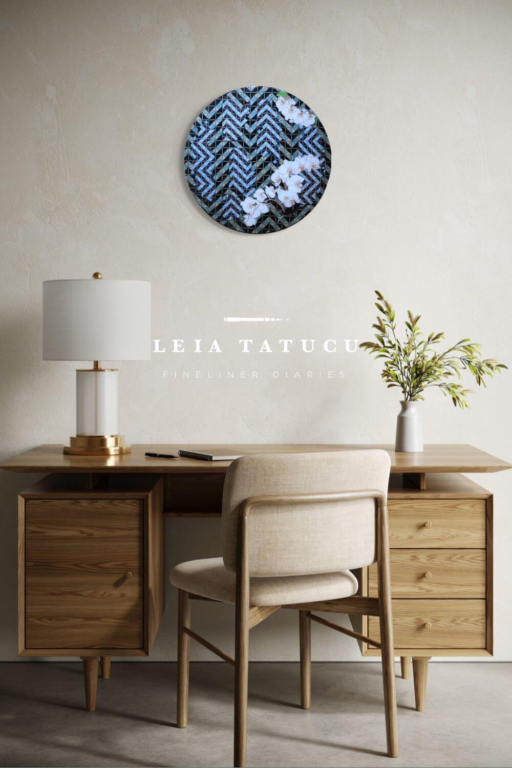 Wooden desk with chair, lamp, and decorative wall piece - Breaking Pattern II resin mixed media art by Leia Tatucu - in a room setting.