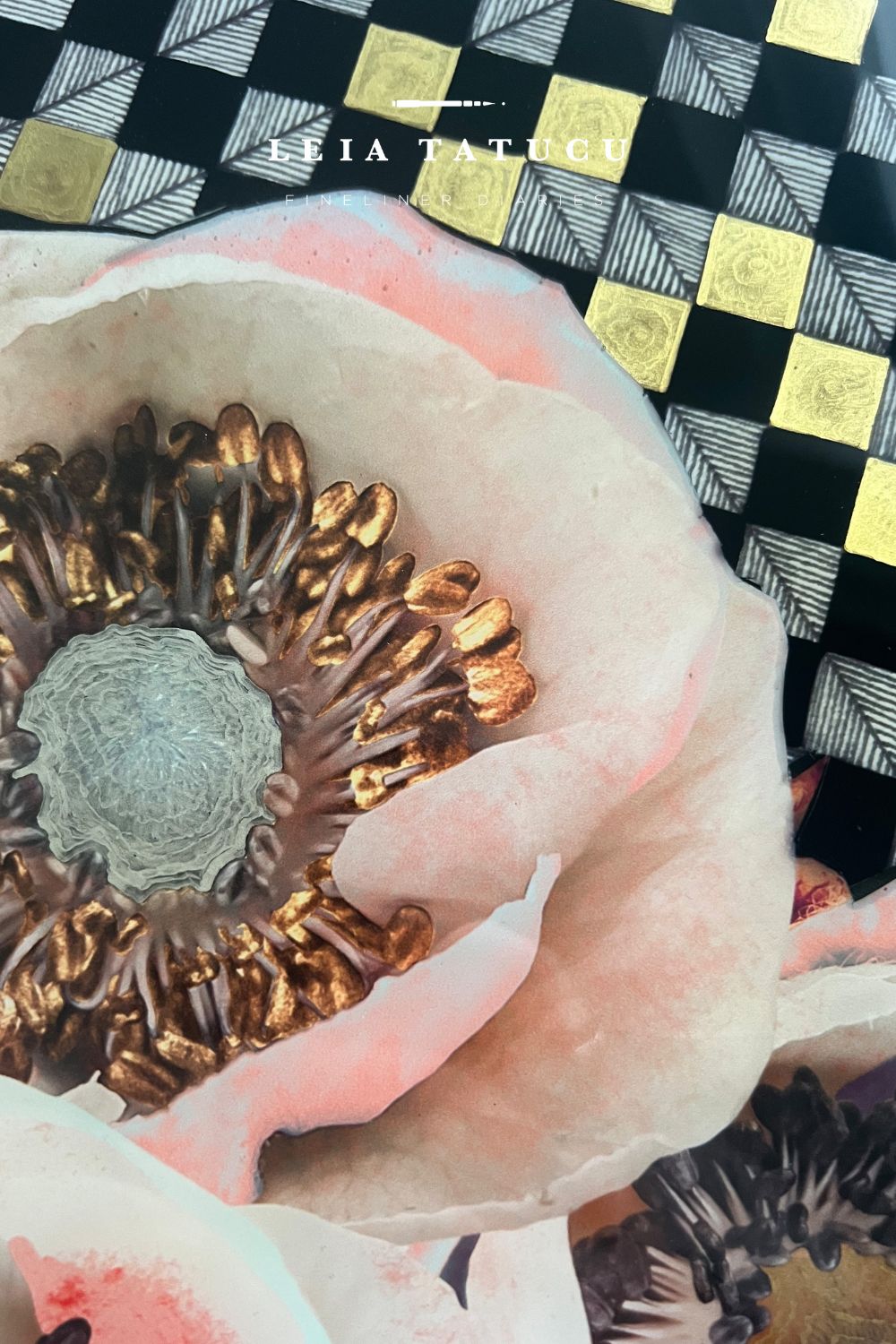 Detail shot of the Anemone and Geometrics resin mixed media original art piece.