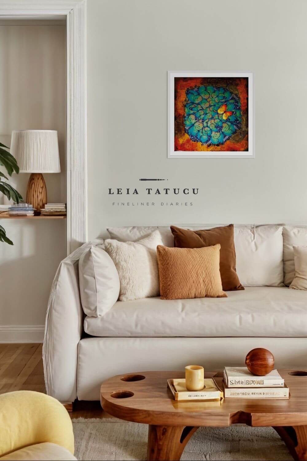 Unique butterfly art print by Leia Tatucu displayed in a modern living room setting with cozy decor.