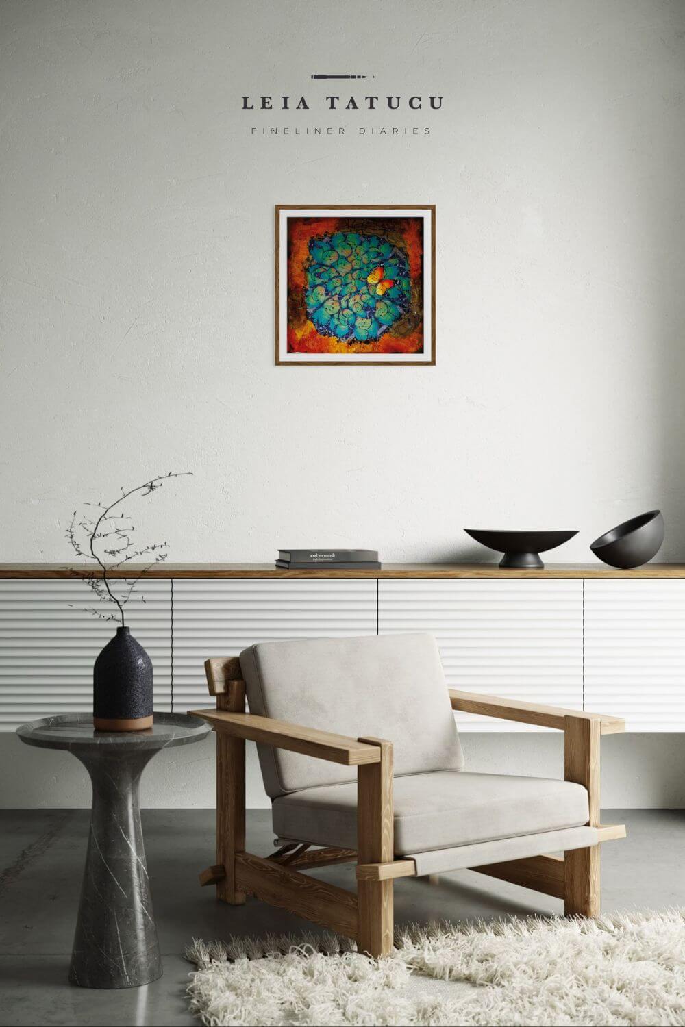 Contemporary living room design featuring a butterfly-themed art print by Leia Tatucu above a modern armchair.