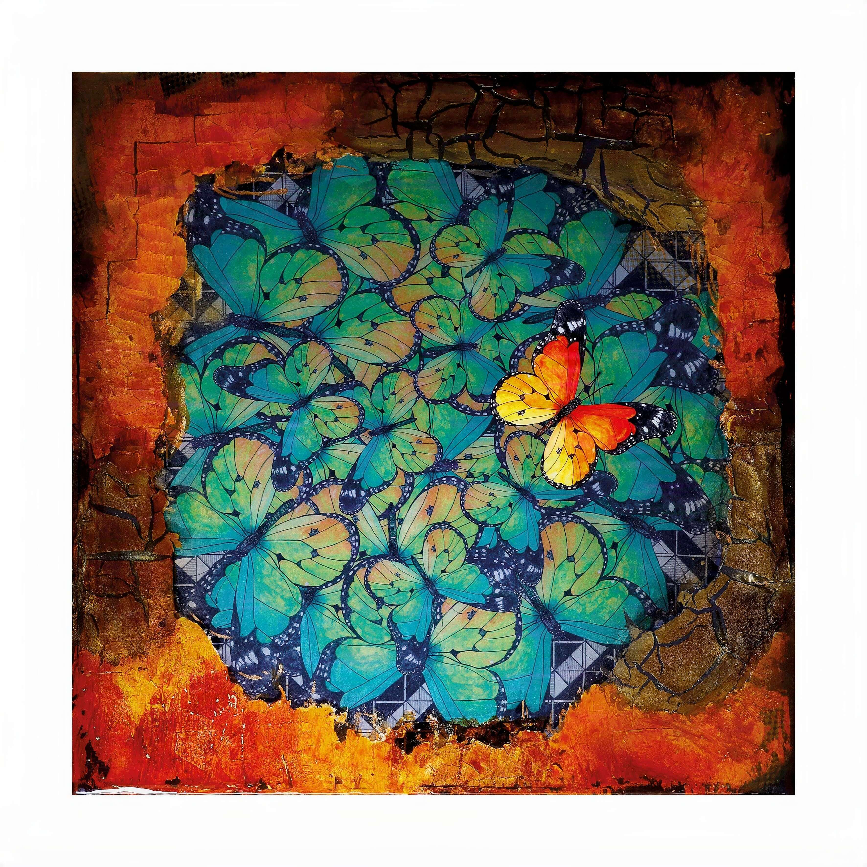 Unique butterfly art print featuring vibrant resin mixed media design by Diferente, perfect for art enthusiasts.