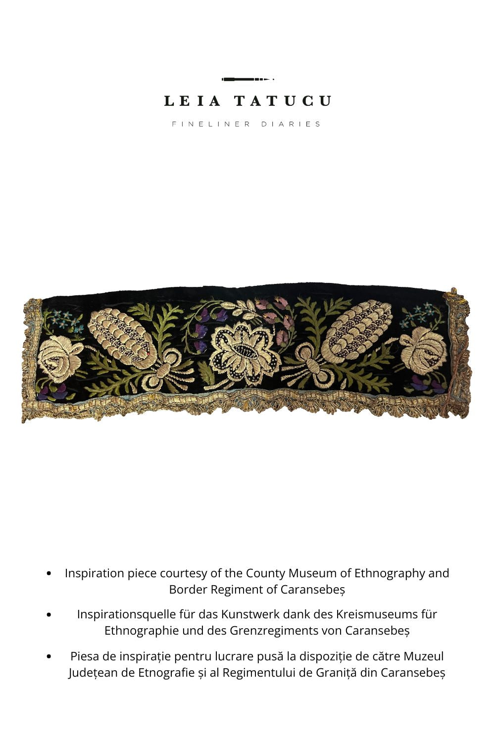Embroidered black ribbon with floral motifs, inspired by Romanian traditional design from the Caransebeș Museum.