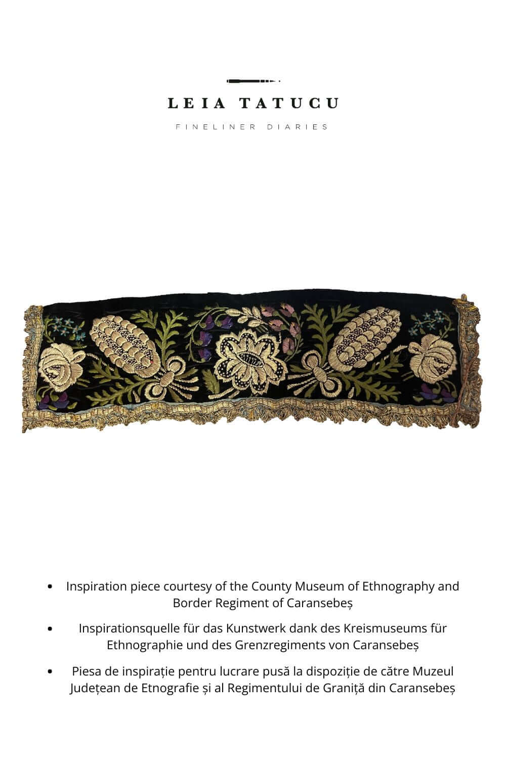 Embroidered black ribbon with floral motifs, inspired by Romanian traditional design from the Caransebeș Museum.