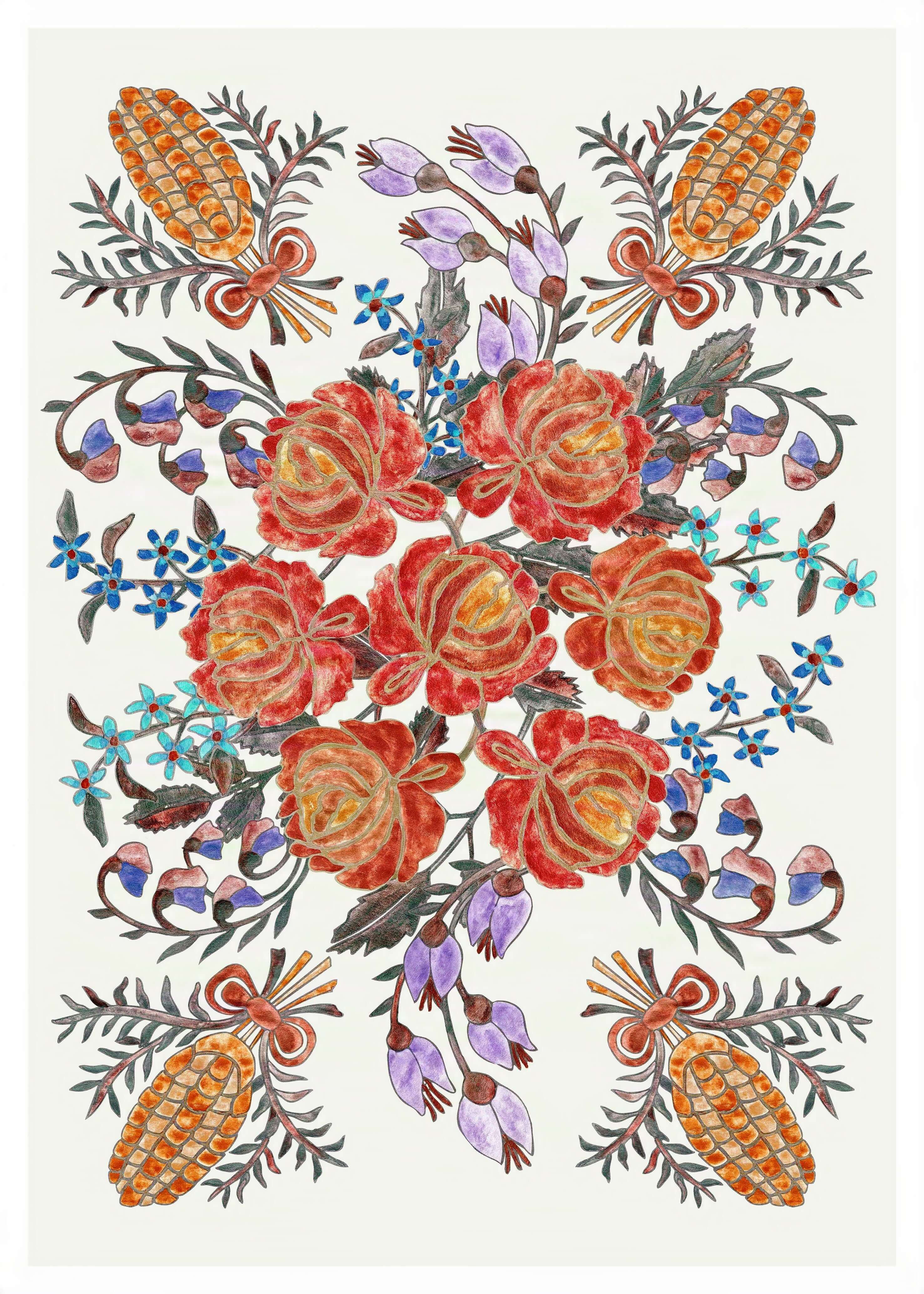 Floral motif pattern featuring red roses and corn elements inspired by Romanian traditional apron design.