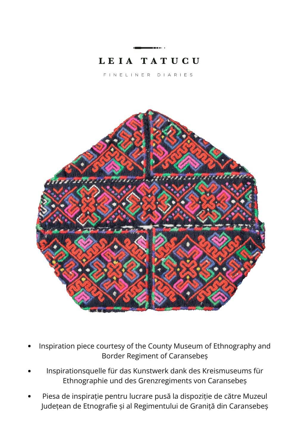 Geometric motif pattern from a Romanian traditional headpiece, colorful textile art print.