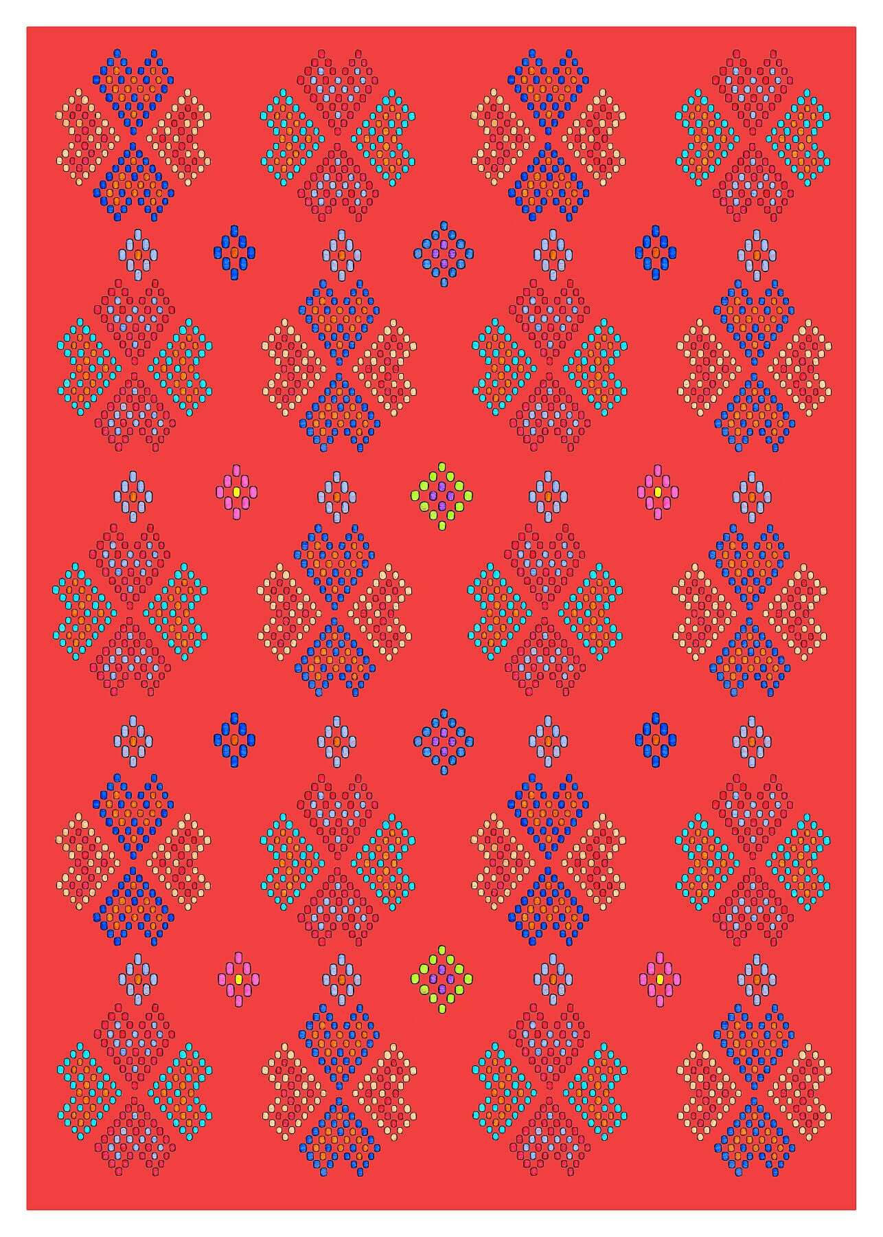 Geometric motif pattern inspired by Romanian traditional headpiece, featuring colorful designs on a vibrant red background.