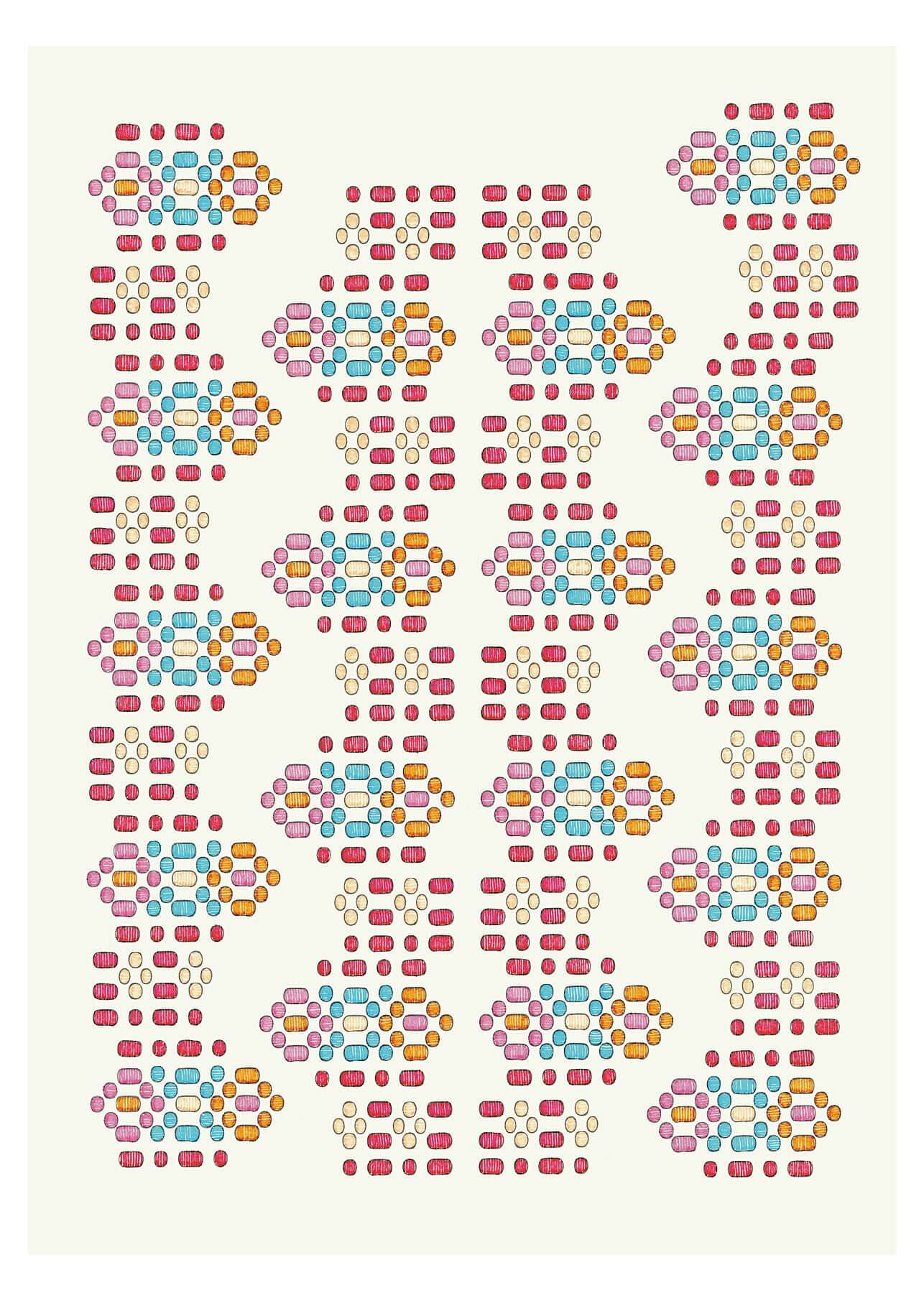 Geometric motif pattern from a Romanian traditional apron in vibrant colors on a cream background, fine art print.