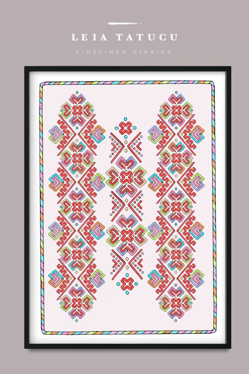 Geometric motif pattern artwork inspired by Romanian traditional headpieces, featuring vibrant colors and intricate designs.
