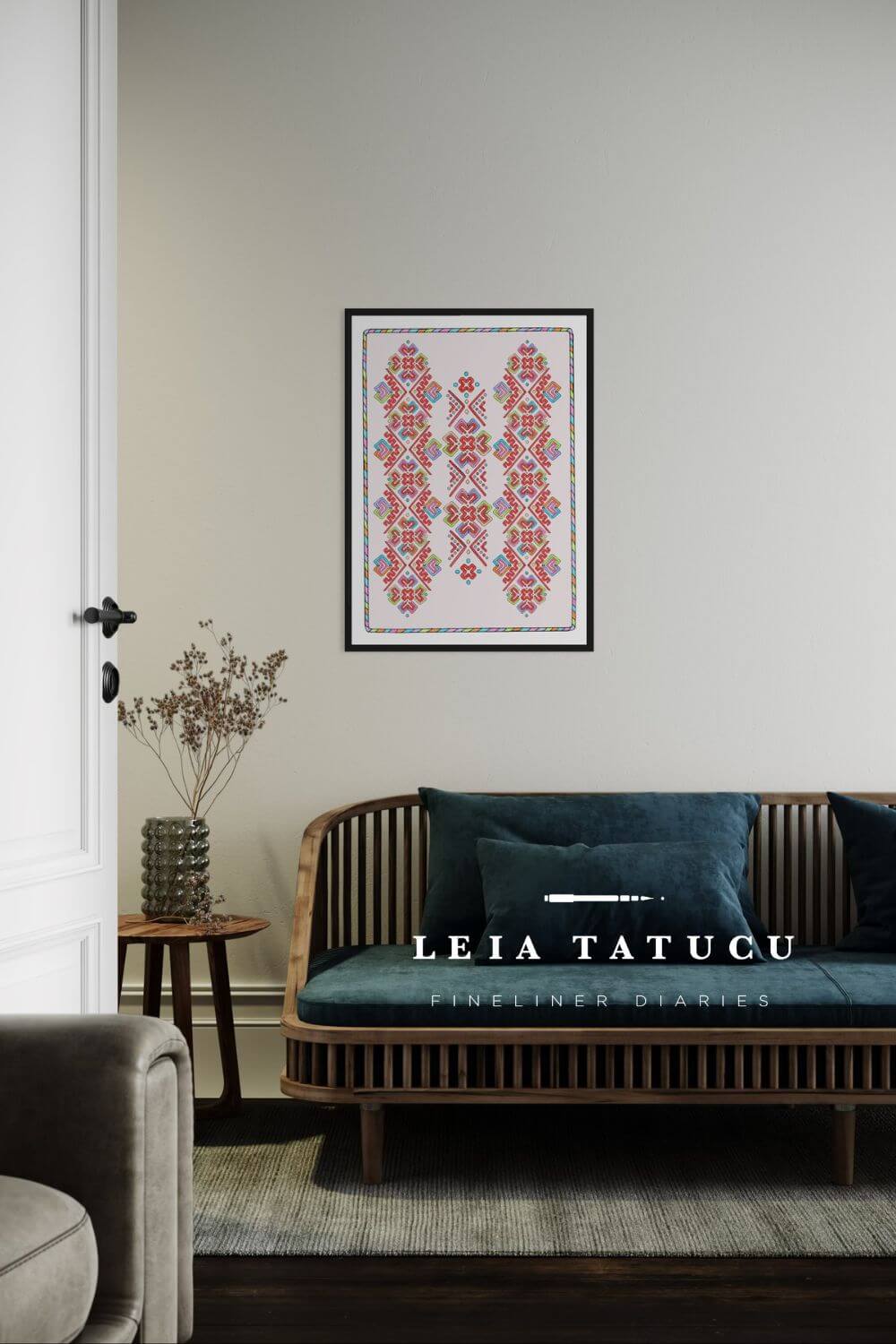 Geometric motif pattern fine art print displayed in a stylish living room setting.