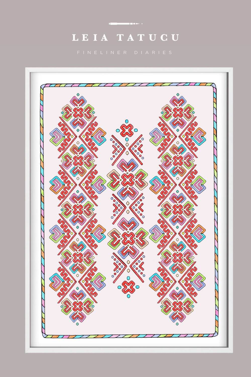 Geometric motif pattern artwork inspired by Romanian traditional motifs, delicately framed in white.