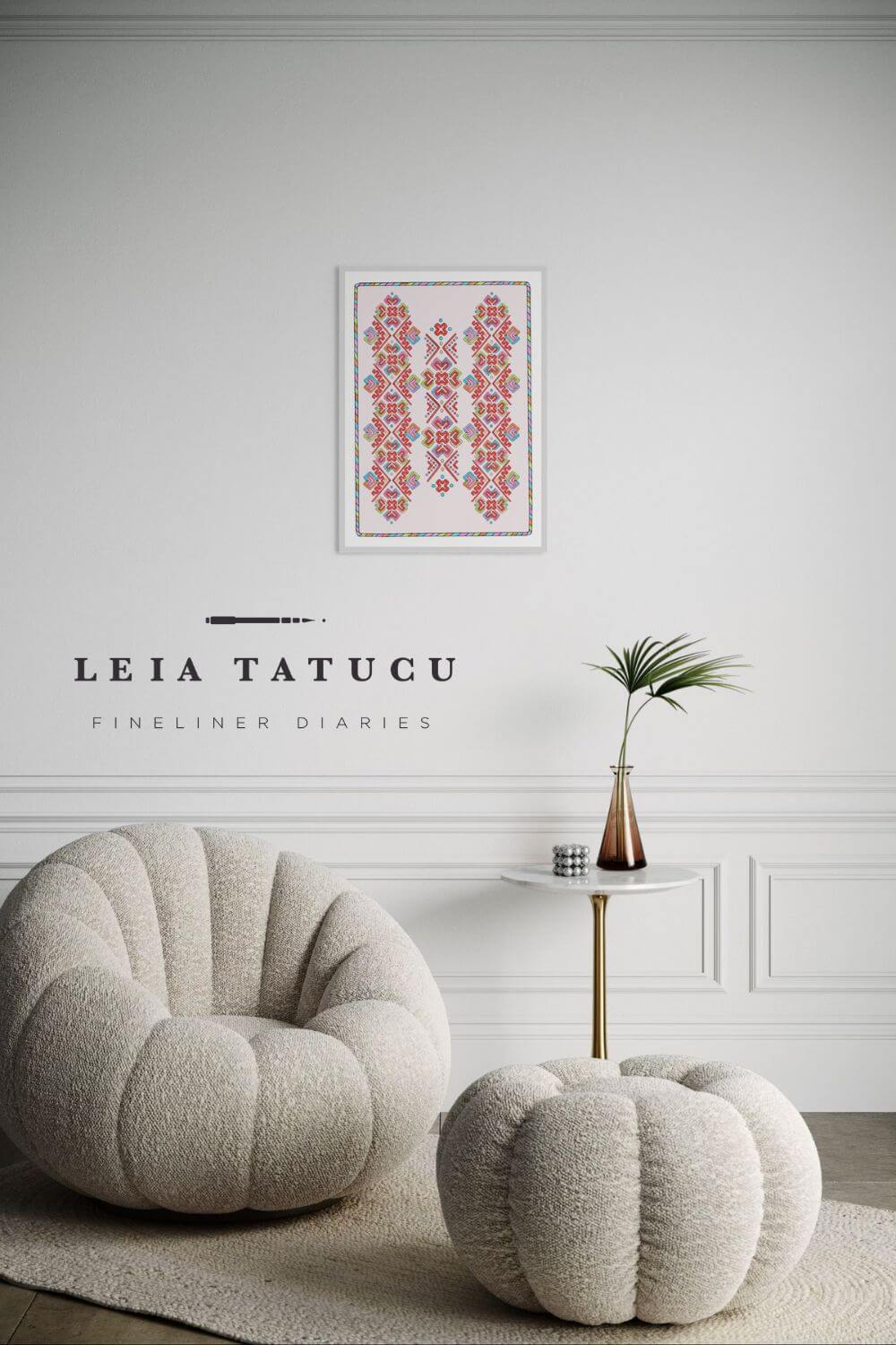 Geometric motif pattern print displayed in a modern interior with stylish round chairs and a decorative plant.