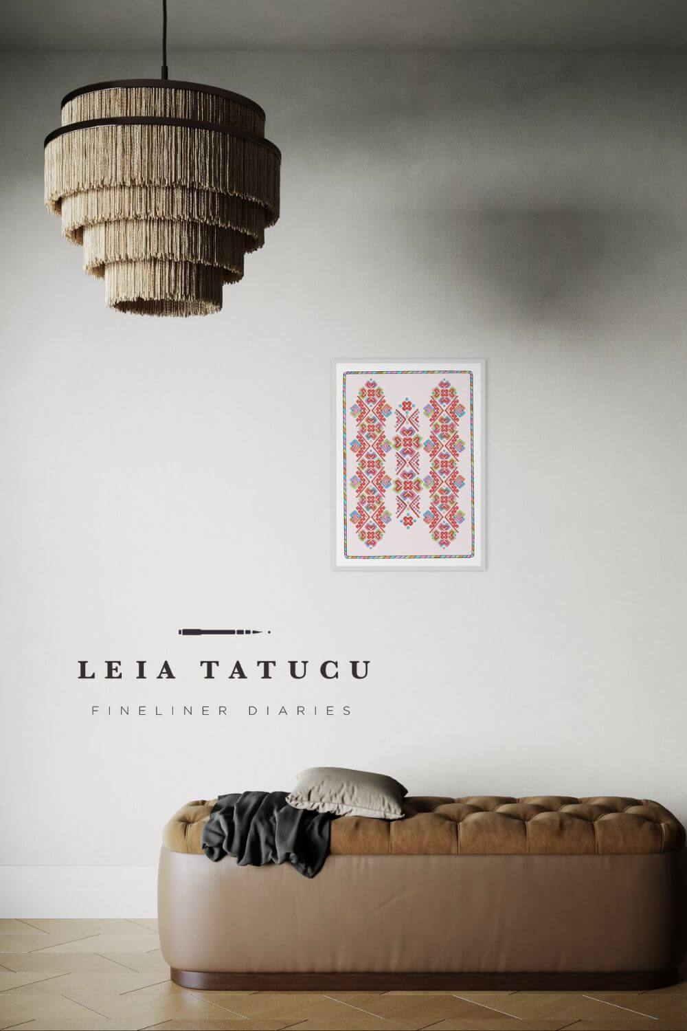 Geometric motif pattern fine art print displayed in a modern interior with stylish decor. Available in 50x70cm size.