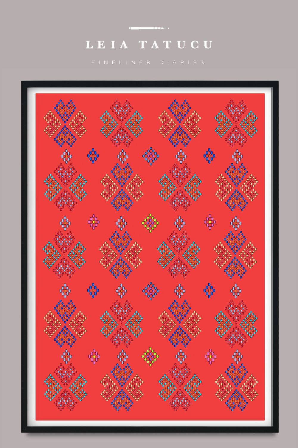 Geometric motif pattern artwork in red, inspired by Romanian traditional headpiece designs, fine art print by Leia Tatucu.