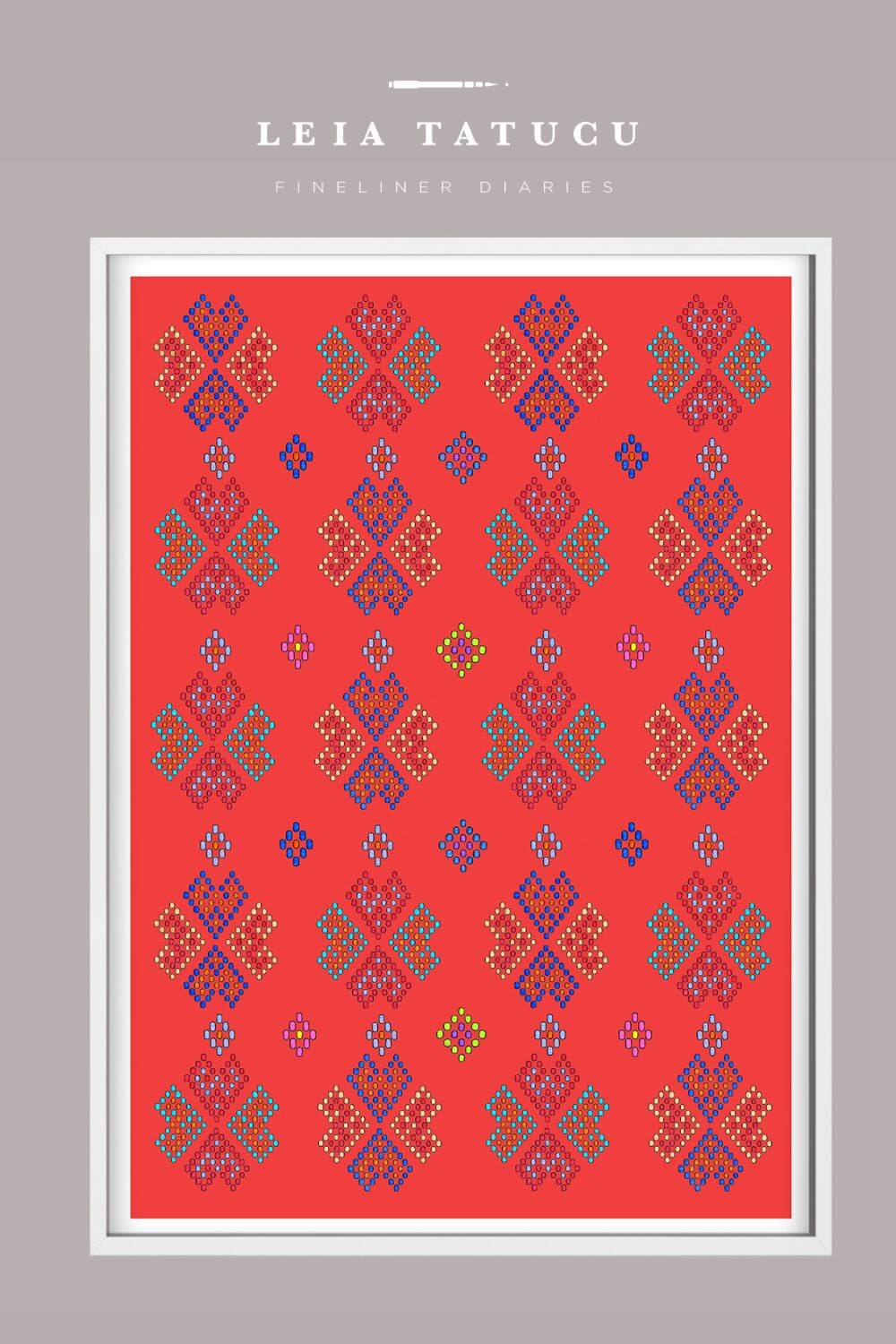 Geometric motif pattern inspired by Romanian traditional headpieces on a vibrant red background, fine art print by Leia Tatucu.