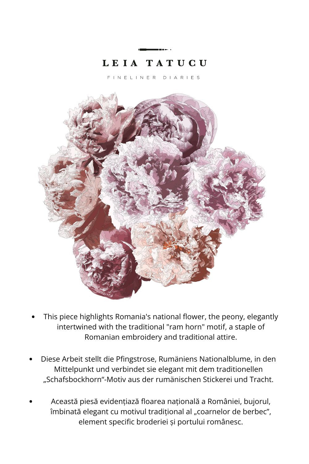 Peonies and Romanian traditional geometric motifs