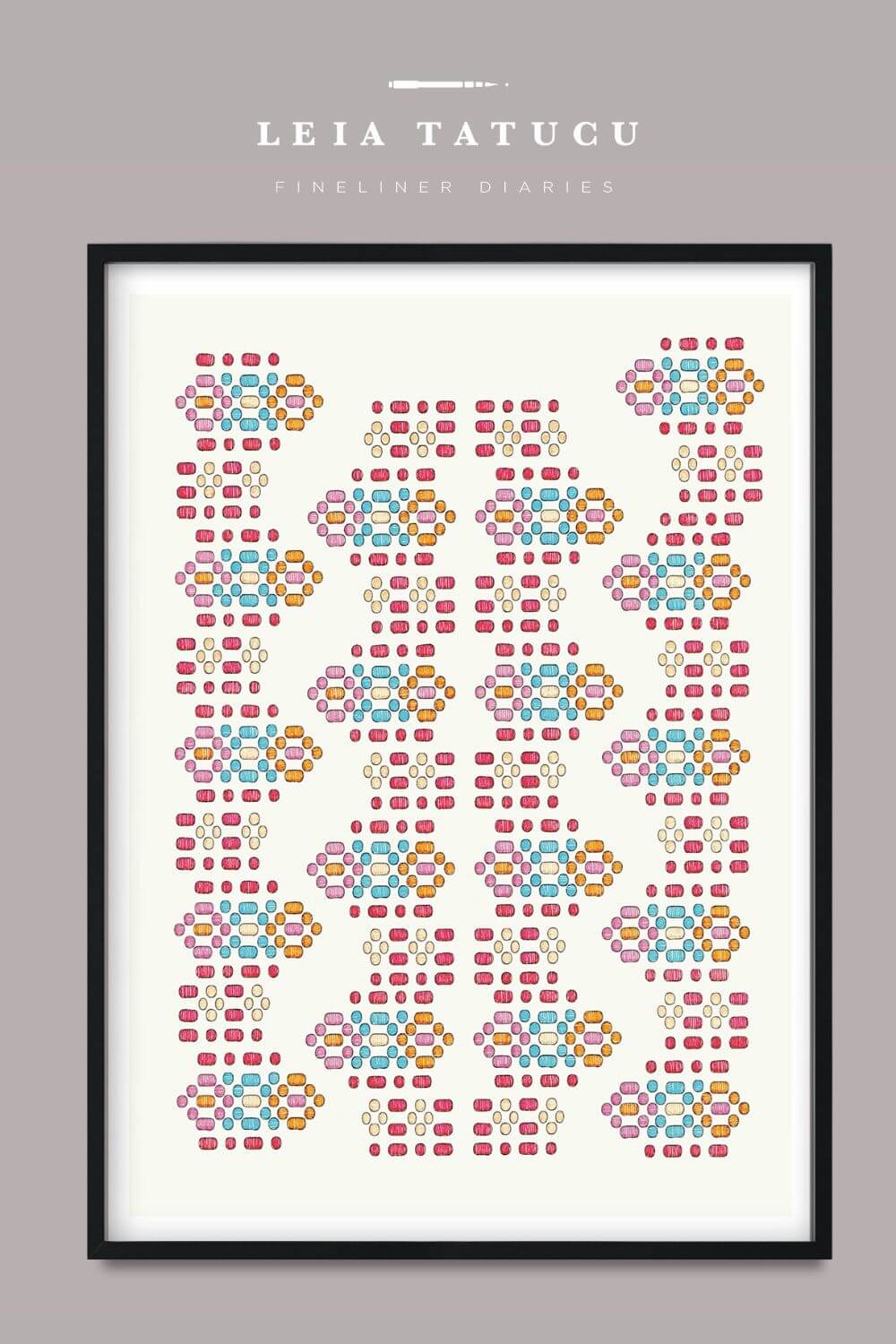 Geometric motif pattern artwork by Leia Tatucu, featuring colorful designs in a framed print.