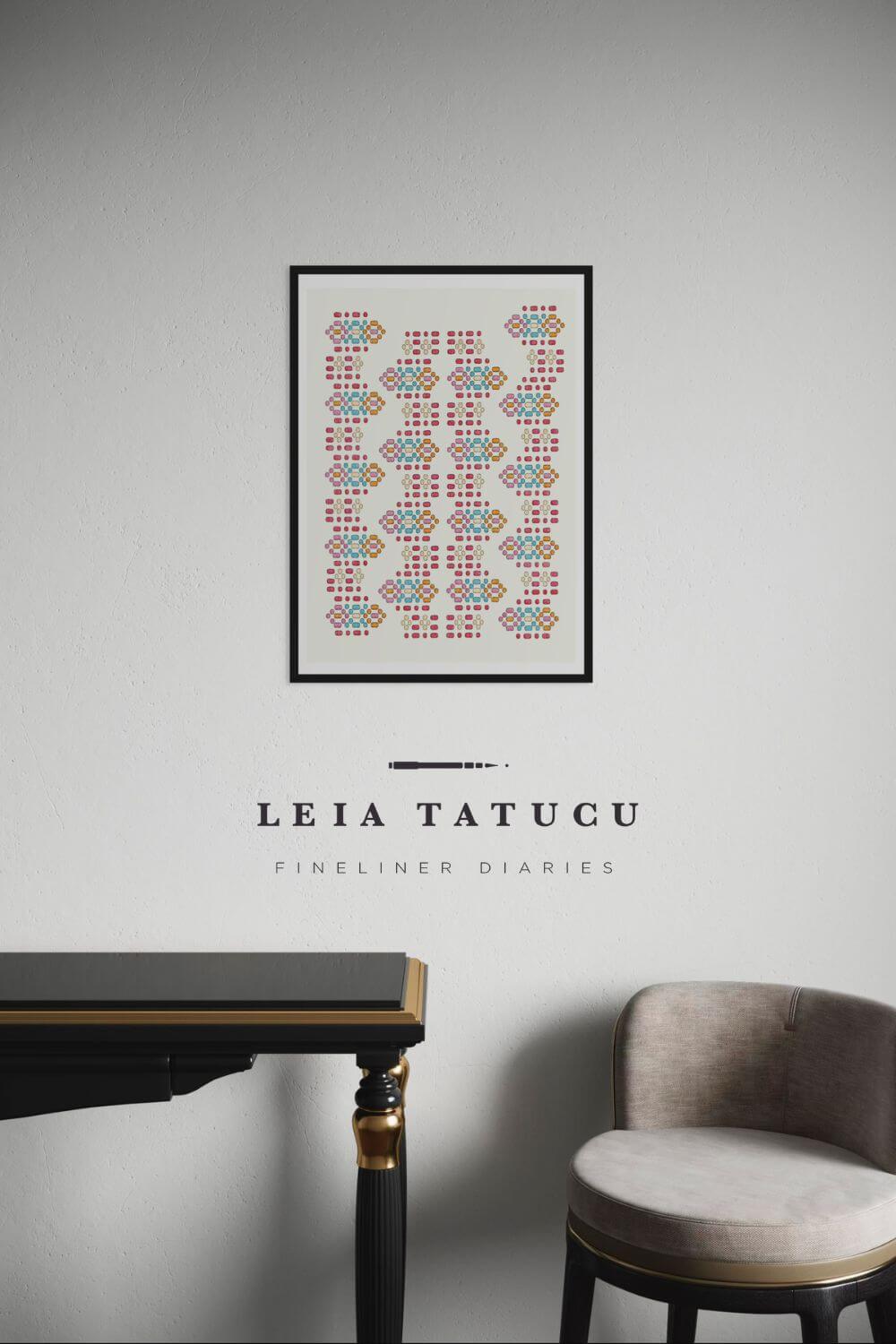 Geometric motif art print by Leia Tatucu, displayed on a wall above a stylish chair and table.