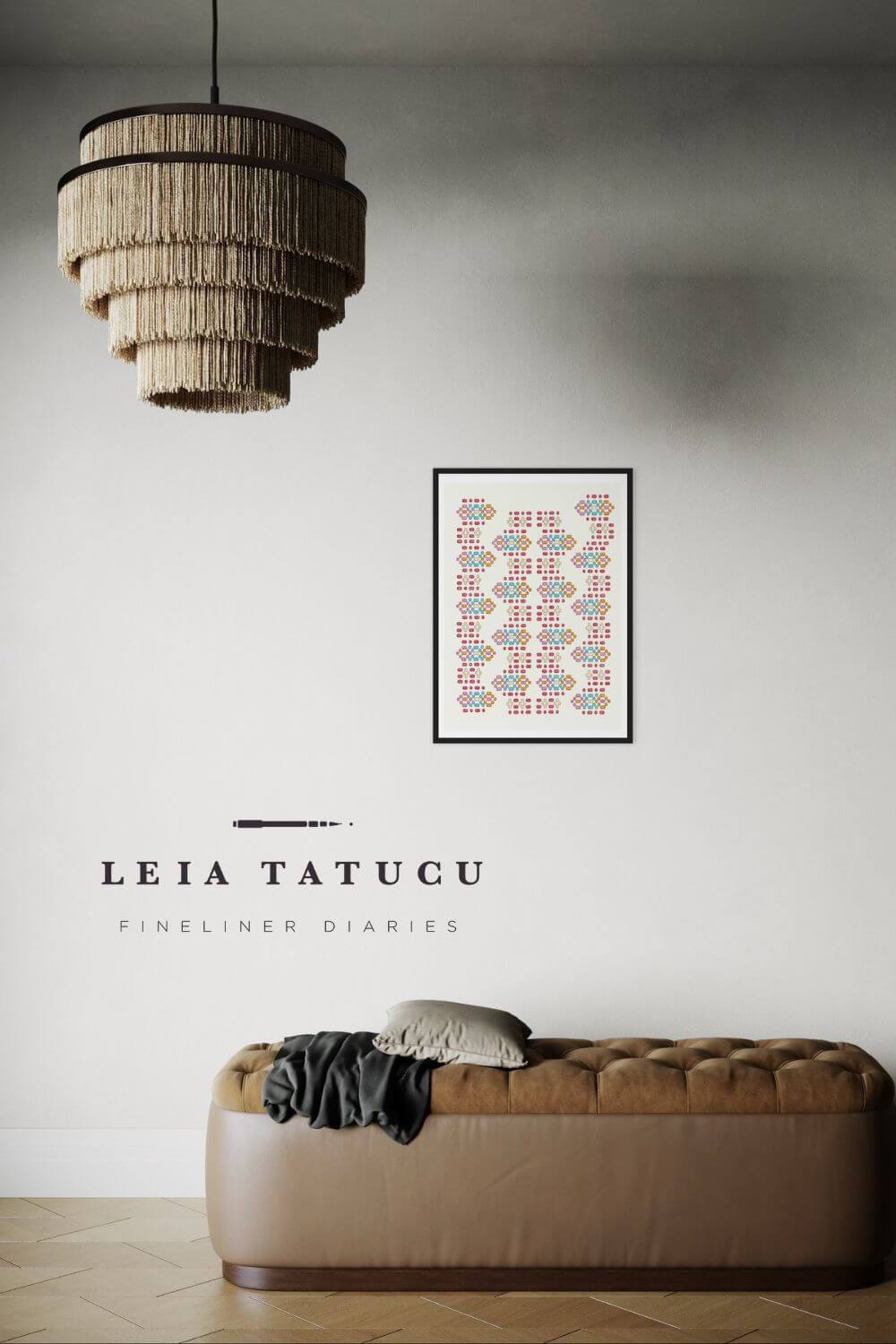Geometric motif art print from a Romanian traditional apron displayed in a modern living room.