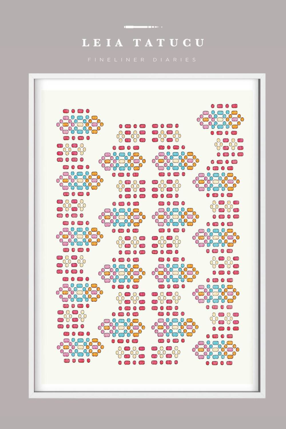 Geometric motif pattern artwork in vibrant colors by Leia Tatucu, fineliner design printed on light background.