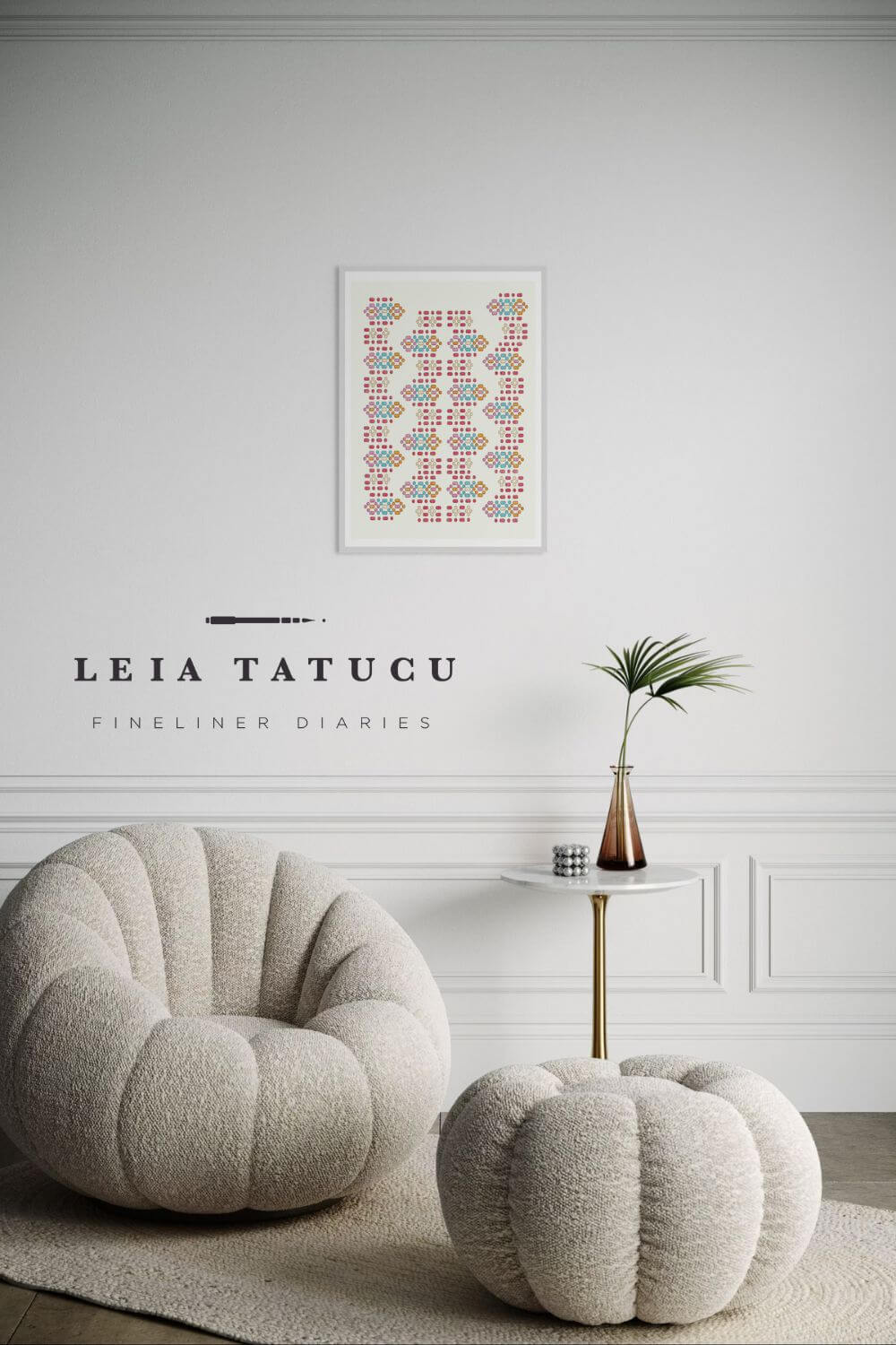 Geometric motif pattern art print from a Romanian traditional apron, displayed above stylish furniture.