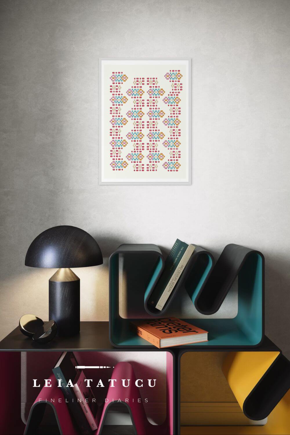 Geometric motif pattern from a Romanian traditional apron displayed as fine art print in a modern interior setting.