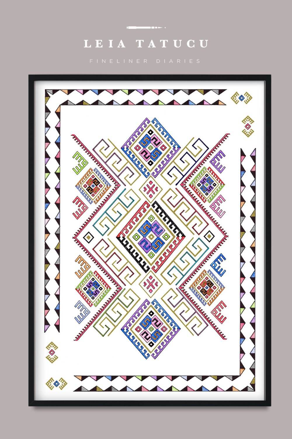 Geometric motif pattern fine art print inspired by Romanian traditional apron design, framed and colorful.
