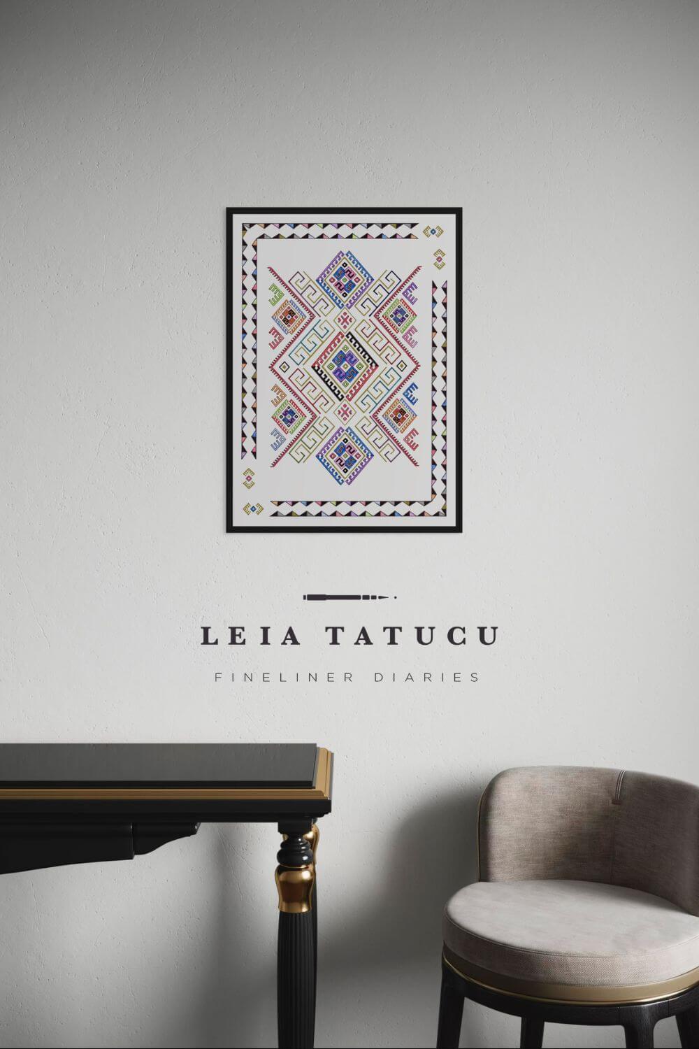 Geometric motif pattern art print inspired by Romanian traditional design, framed and displayed on wall near a stylish chair.