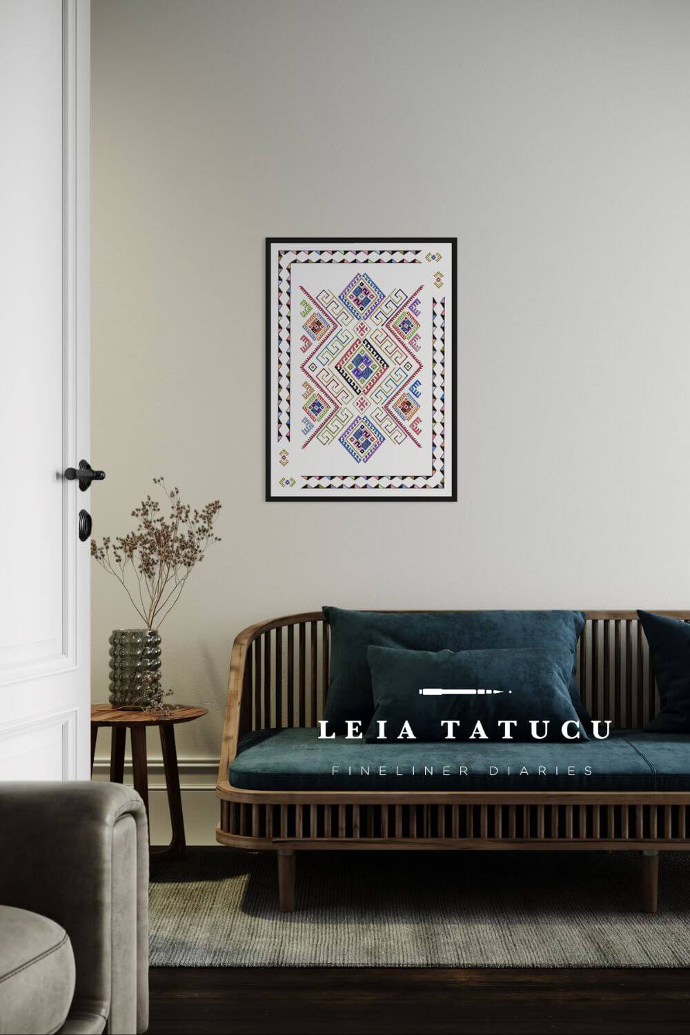 Geometric Motif Pattern artwork from Romanian traditional apron displayed in a modern living room setting.