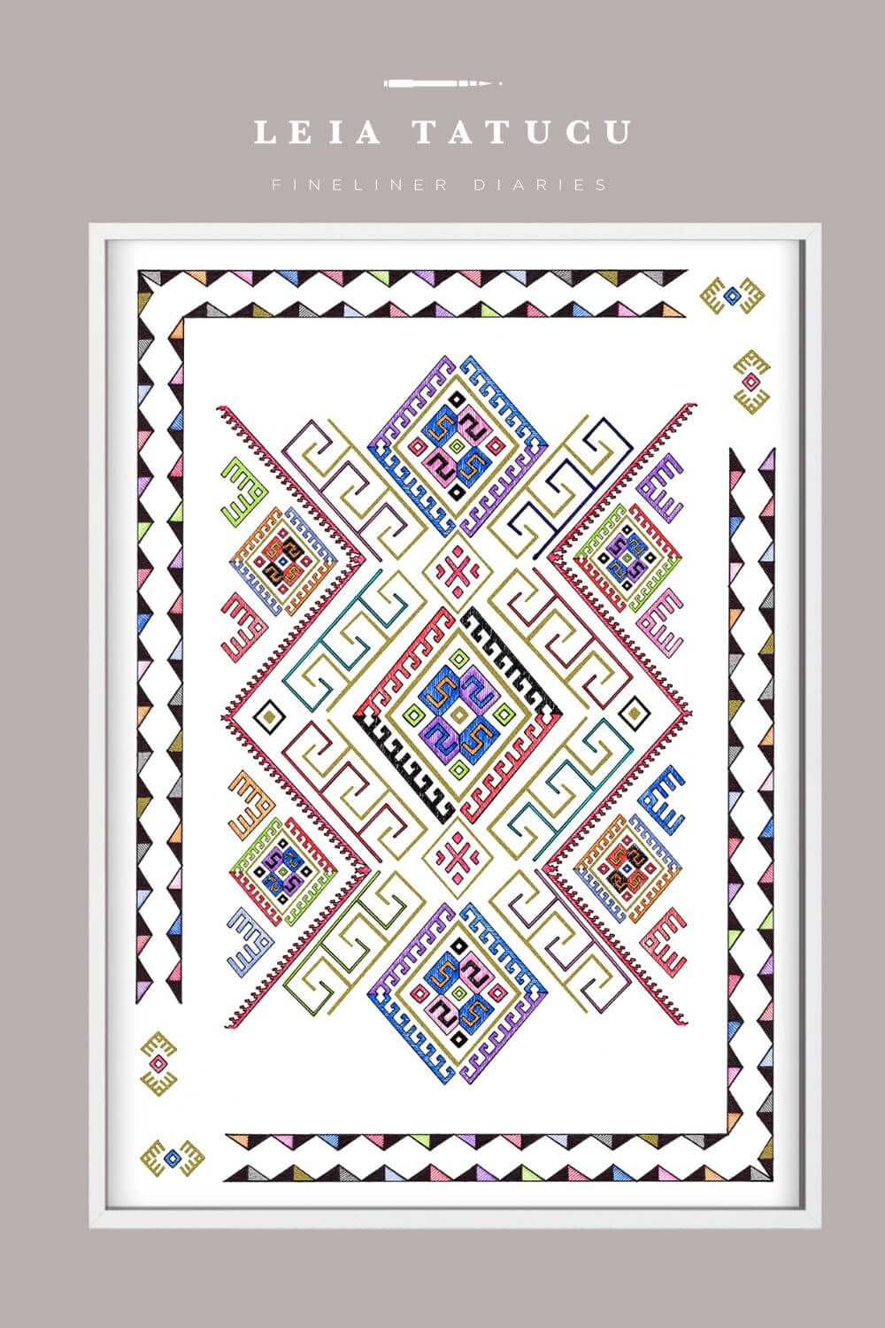 Geometric motif pattern from a Romanian traditional apron in vibrant colors and intricate designs, framed art print.