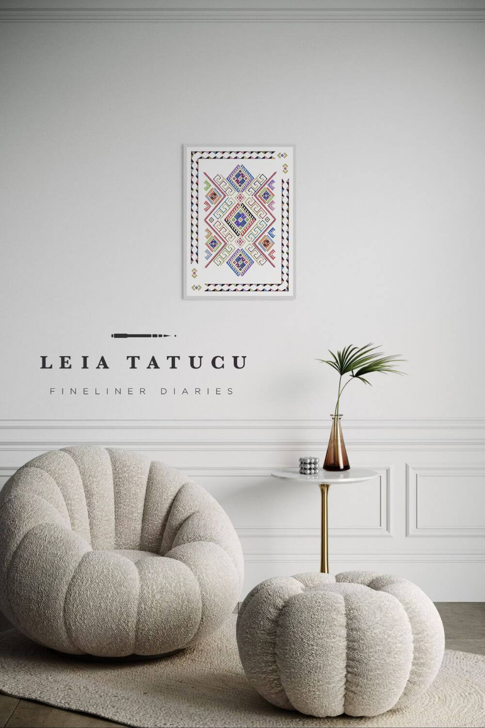 Geometric motif pattern print from Romanian traditional apron displayed in a modern living room setting.