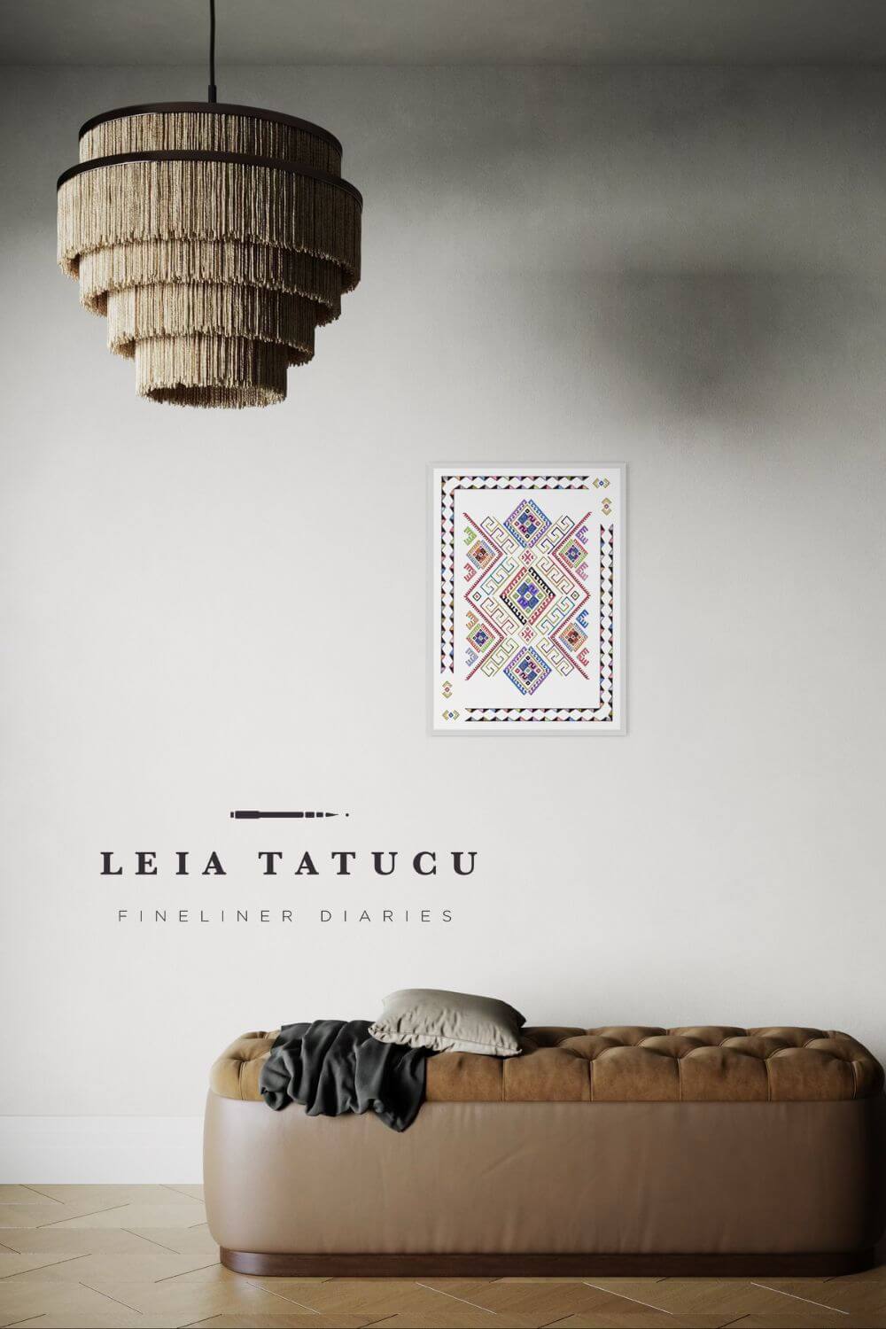 Geometric motif pattern fine art print displayed on a wall in a stylish interior with chandelier and sofa.