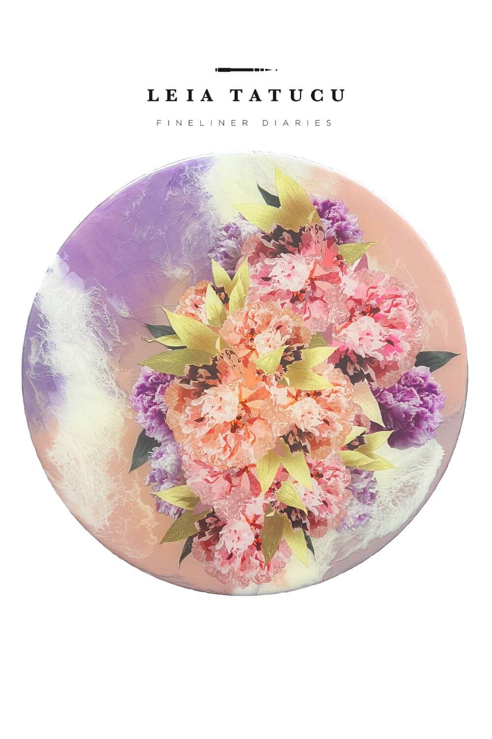 Golden Leaf Peonies artwork - floral design on a circular wooden board with a 50cm diameter.
