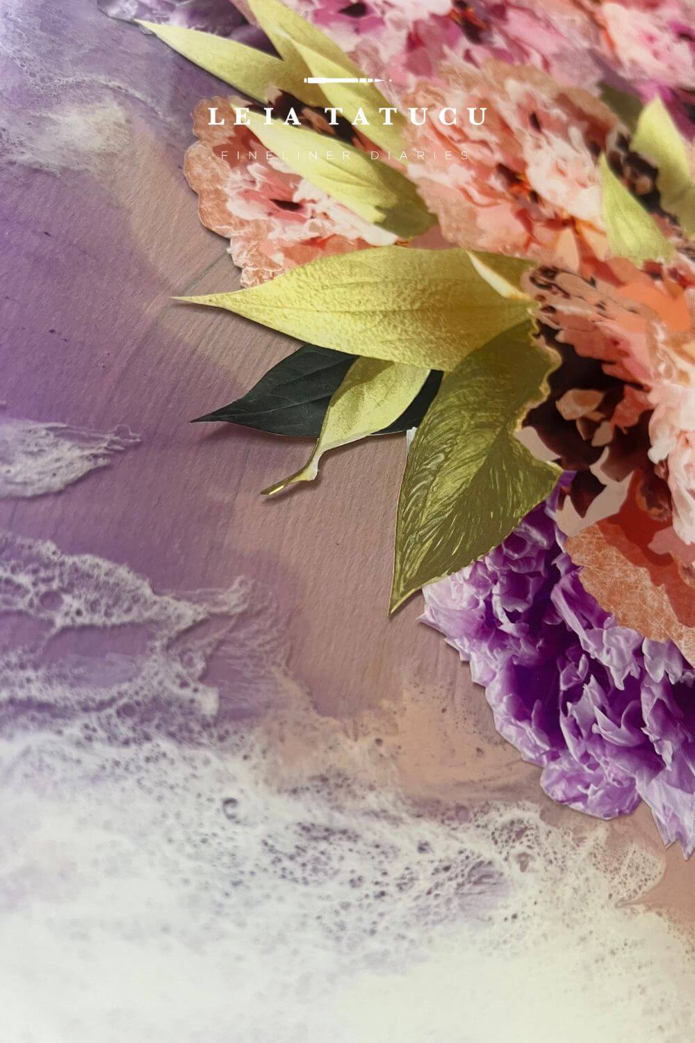 Detail shot of the floral composition and golden leaf details against a soft pastel background of the Golden Leaf Peonies artwork.