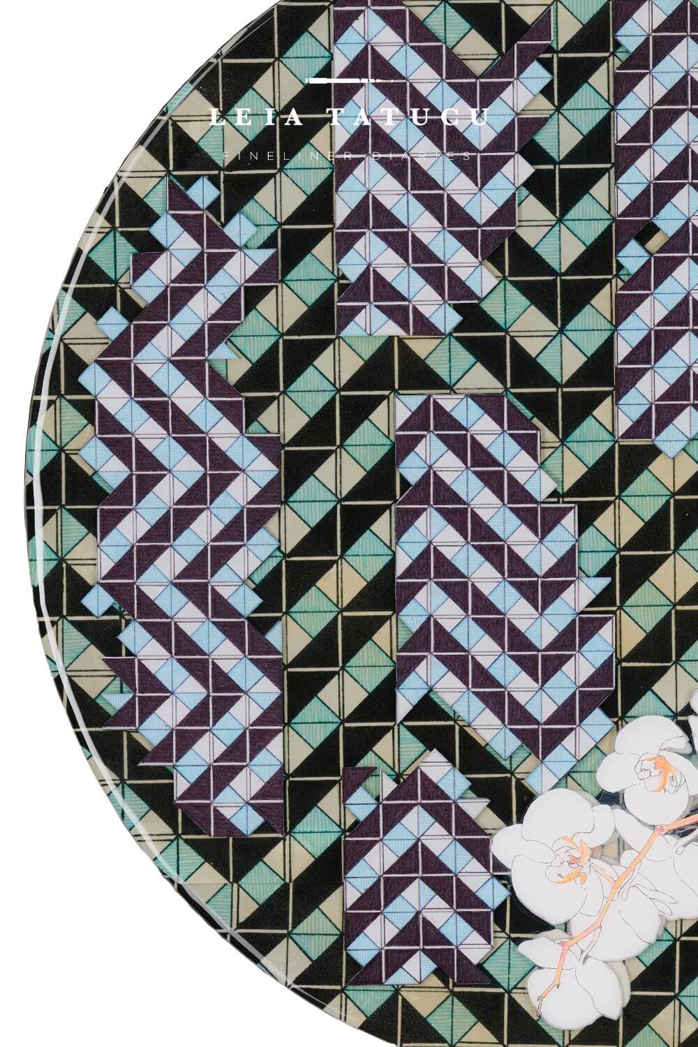 Geometric patterned background with floral design - detail shot of the Breaking Patterns II resin mixed media piece by Leia Tatucu