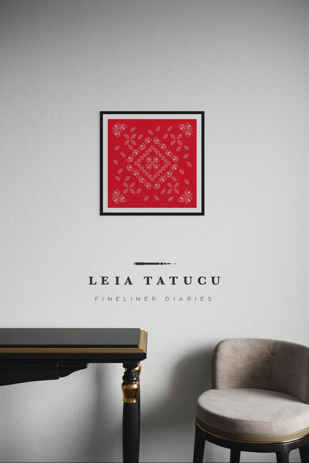 Romanian Traditional Geometric Motifs in White on a Red Background