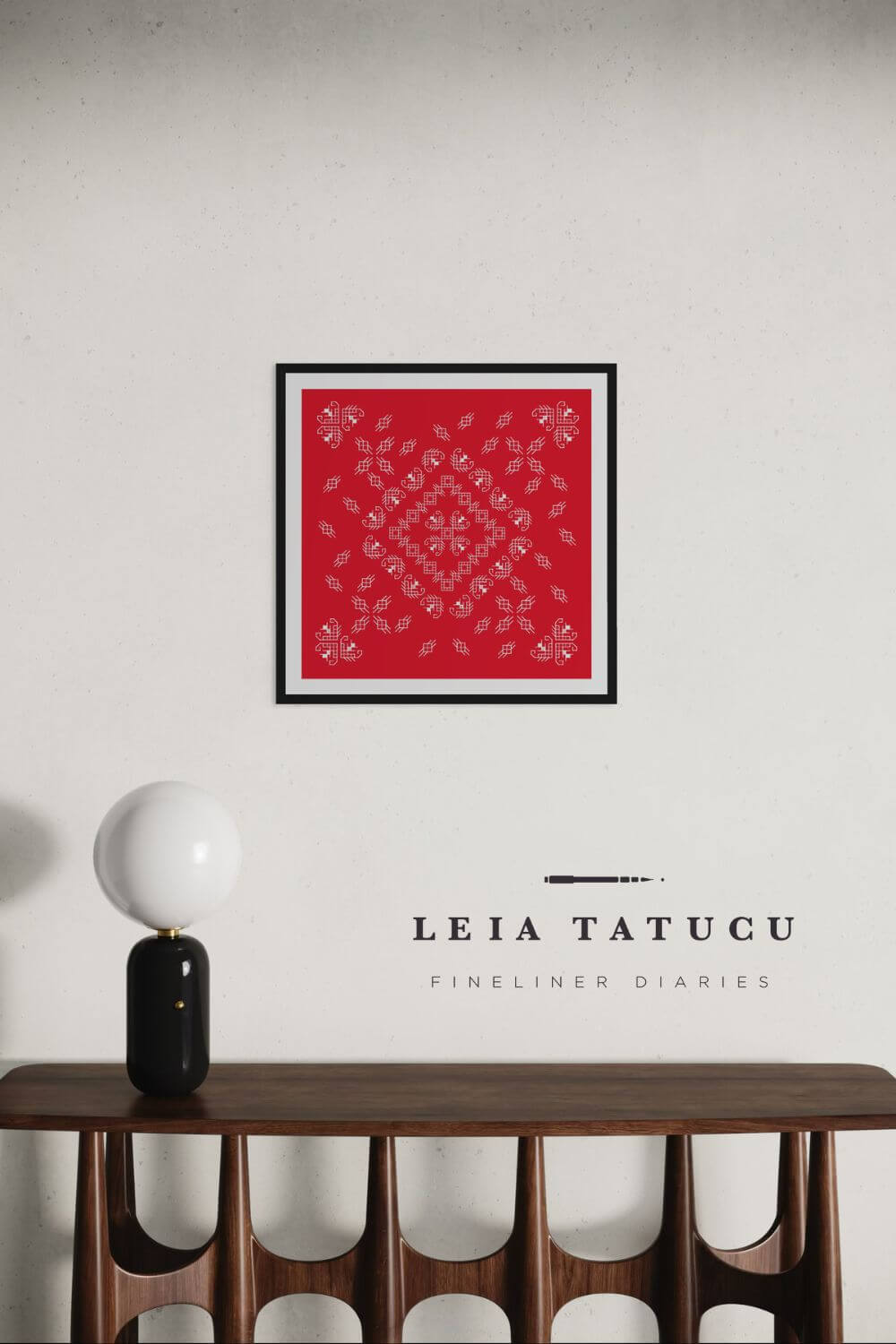 Romanian Traditional Geometric Motifs in White on a Red Background