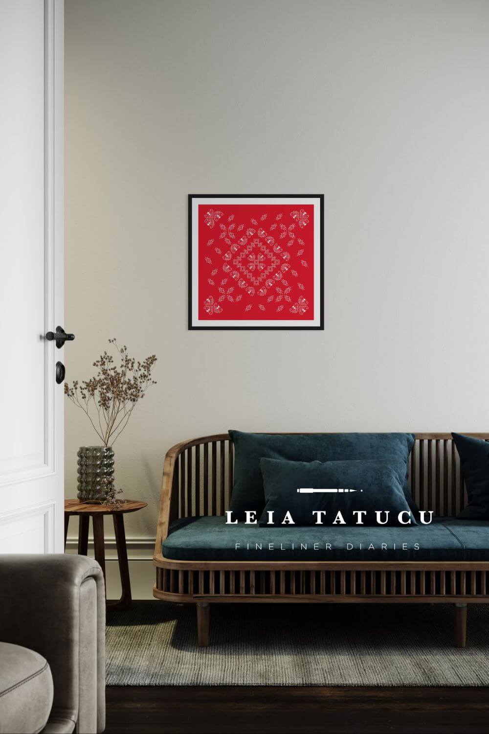Romanian Traditional Geometric Motifs in White on a Red Background