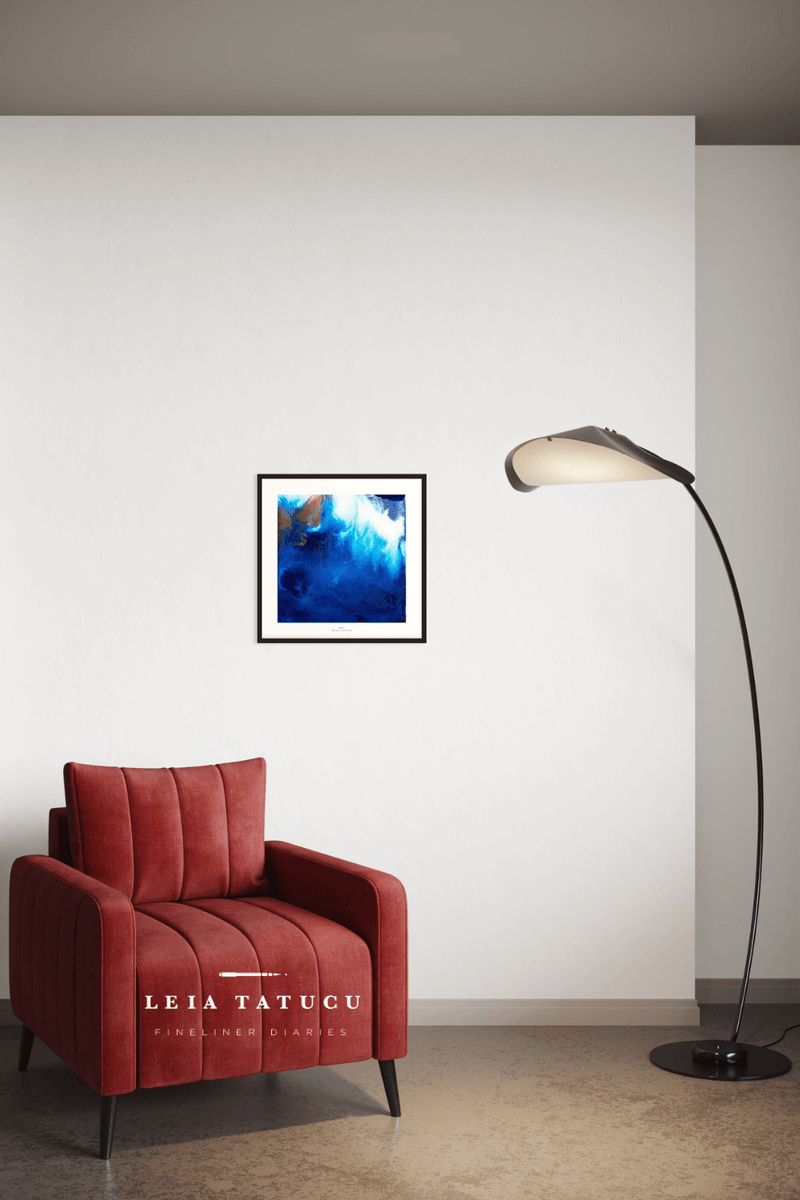 Framed Deep Blue Shades 50x50cm Fine Art Print in Interior Setting 2
