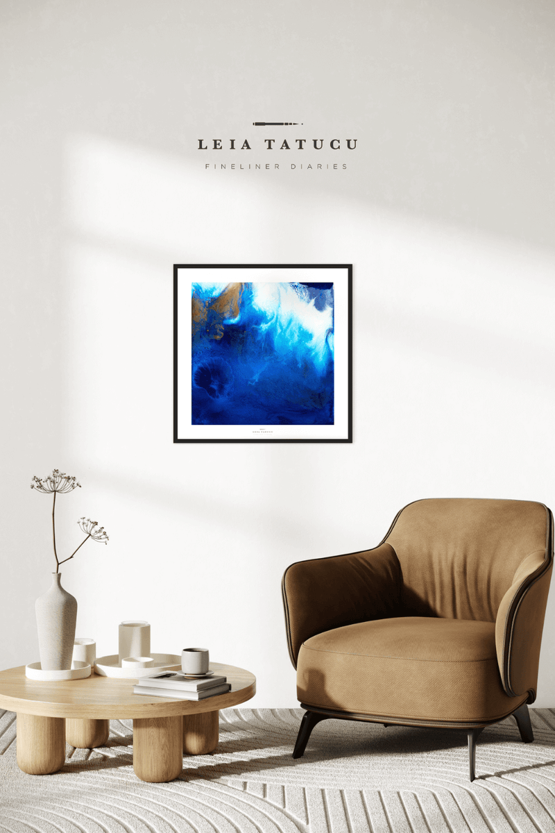 Framed Deep Blue Shades 60x60cm Fine Art Print in Interior Setting 3