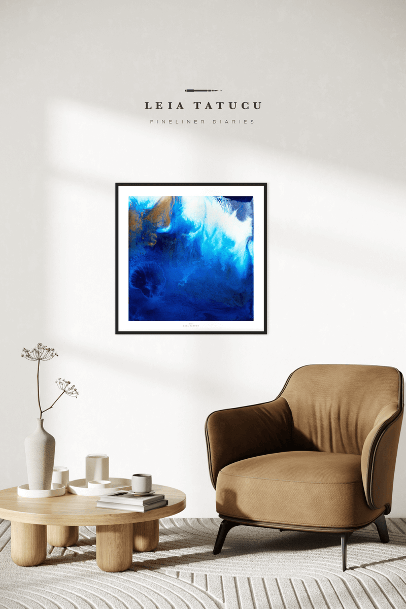 Framed Deep Blue Shades 70x70cm Fine Art Print in Interior Setting 3