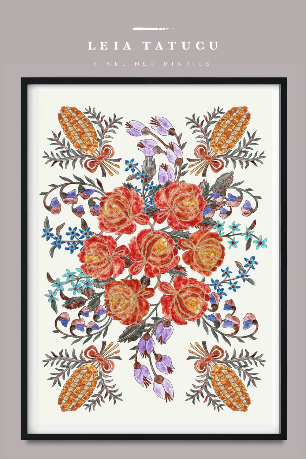 Print de Artă Model Floral inspirat de un Opreg Tradițional Românesc